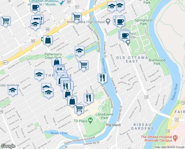 map of restaurants, bars, coffee shops, grocery stores, and more near 15 Fourth Avenue in Ottawa