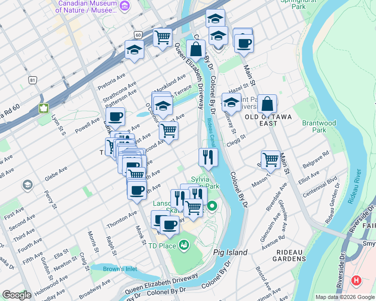 map of restaurants, bars, coffee shops, grocery stores, and more near 15 Fourth Avenue in Ottawa