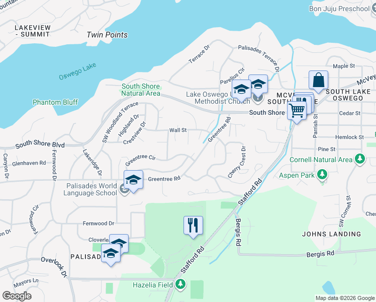 map of restaurants, bars, coffee shops, grocery stores, and more near 16818 Sylvan Court in Lake Oswego