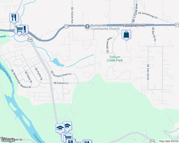 map of restaurants, bars, coffee shops, grocery stores, and more near 16573 Southeast Deer Meadow Loop in Damascus