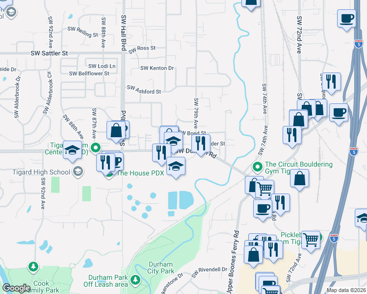 map of restaurants, bars, coffee shops, grocery stores, and more near 15905 Southwest 79th Avenue in Tigard