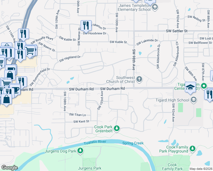 map of restaurants, bars, coffee shops, grocery stores, and more near 10120 Southwest Century Oak Drive in Tigard