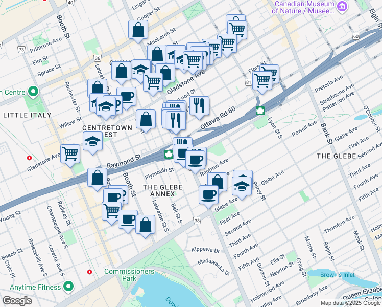 map of restaurants, bars, coffee shops, grocery stores, and more near 605 Bronson Avenue in Ottawa