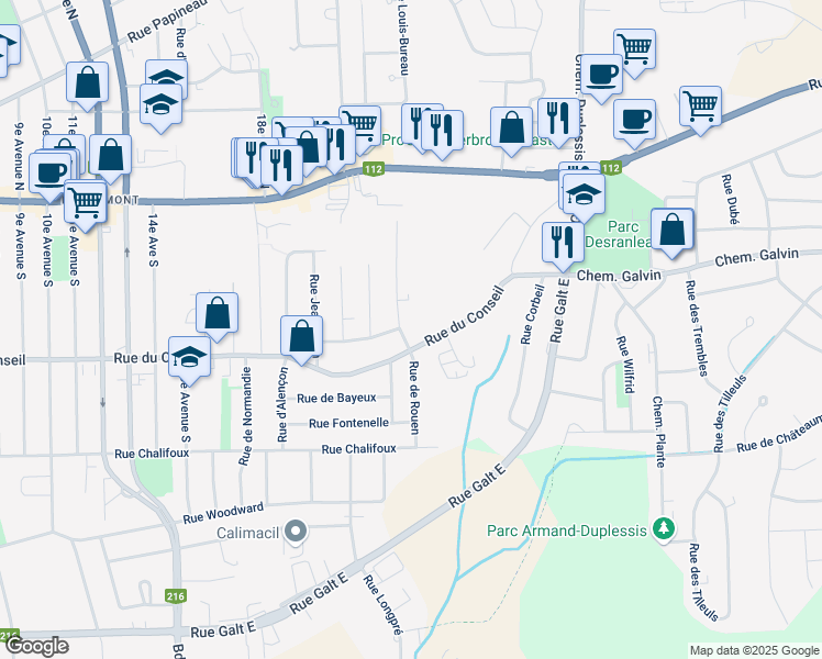 map of restaurants, bars, coffee shops, grocery stores, and more near 210 Rue du Verger in Sherbrooke