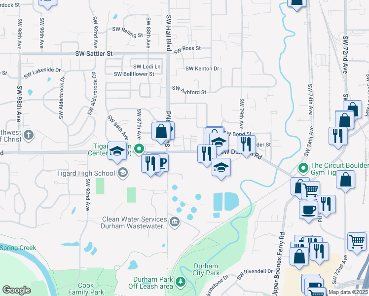 map of restaurants, bars, coffee shops, grocery stores, and more near 8363 Southwest Durham Road in Portland