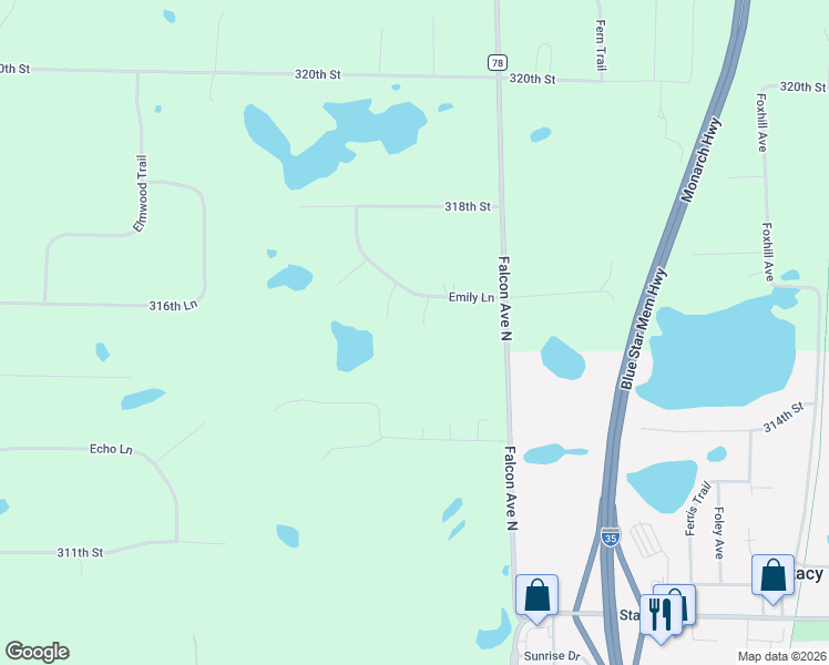 map of restaurants, bars, coffee shops, grocery stores, and more near 5195 Emily Lane in Stacy