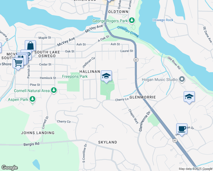 map of restaurants, bars, coffee shops, grocery stores, and more near 16800 Hawthorne Drive in Lake Oswego