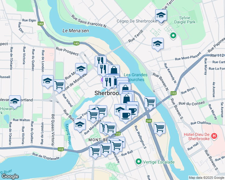 map of restaurants, bars, coffee shops, grocery stores, and more near in Sherbrooke