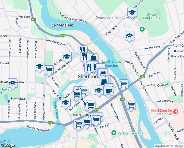 map of restaurants, bars, coffee shops, grocery stores, and more near in Sherbrooke