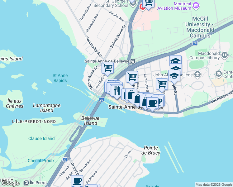 map of restaurants, bars, coffee shops, grocery stores, and more near 12 Christie Street in Sainte-Anne-de-Bellevue