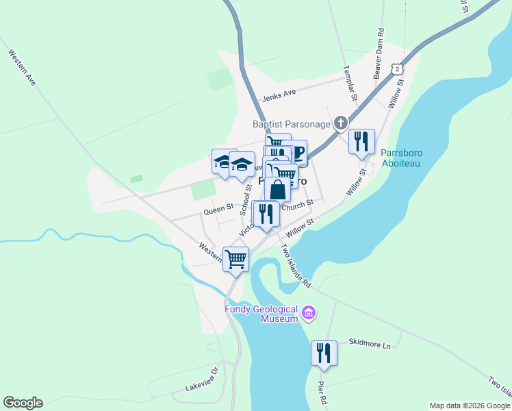 map of restaurants, bars, coffee shops, grocery stores, and more near 171 Queen Street in Parrsboro
