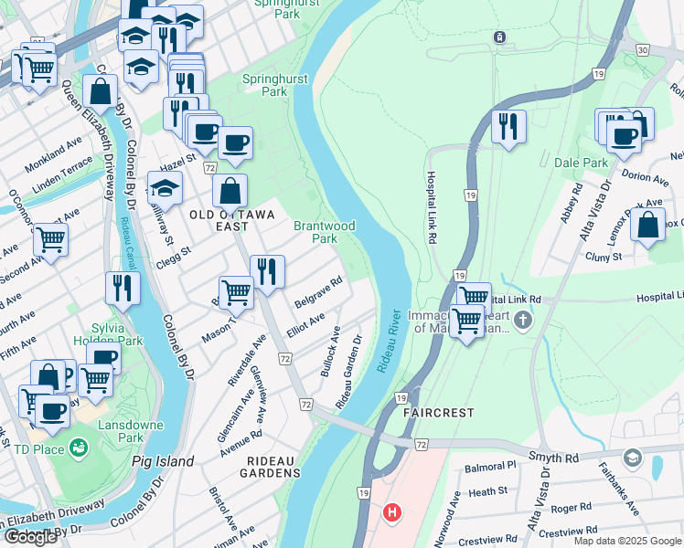 map of restaurants, bars, coffee shops, grocery stores, and more near 100 Onslow Crescent in Ottawa