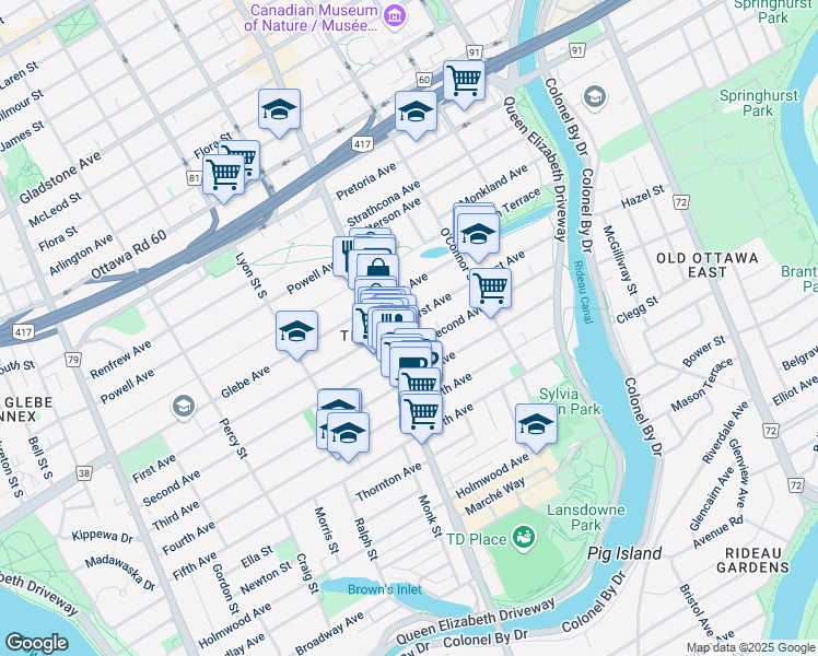 map of restaurants, bars, coffee shops, grocery stores, and more near 164 First Avenue in Ottawa