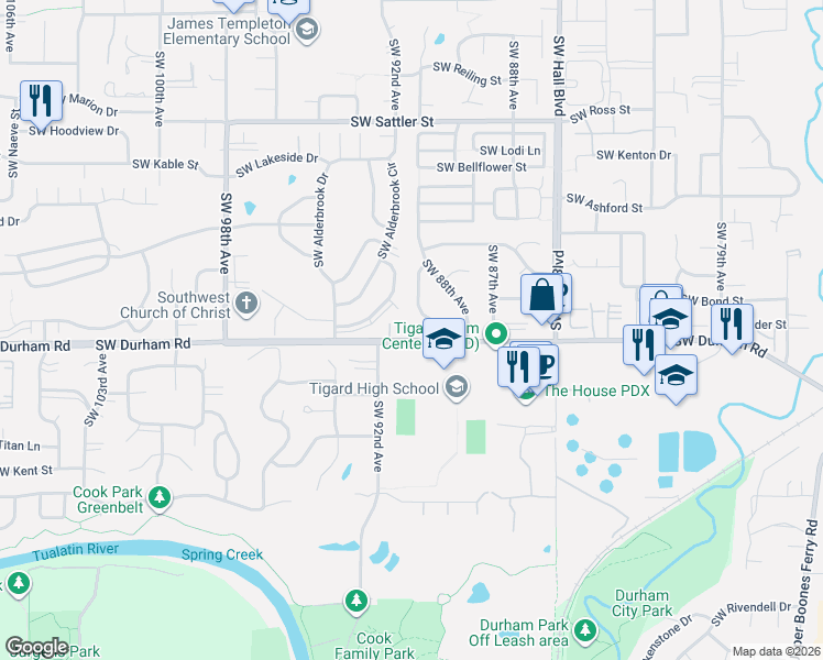 map of restaurants, bars, coffee shops, grocery stores, and more near 15850 Southwest Oak Meadow Lane in Tigard