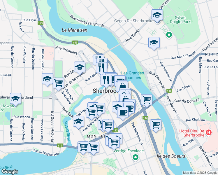 map of restaurants, bars, coffee shops, grocery stores, and more near in Sherbrooke