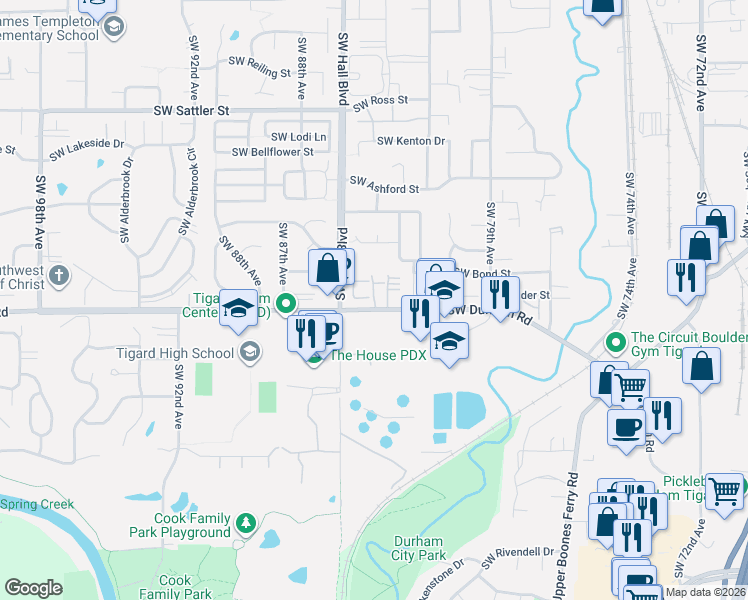map of restaurants, bars, coffee shops, grocery stores, and more near 8335 Southwest Durham Road in Tigard