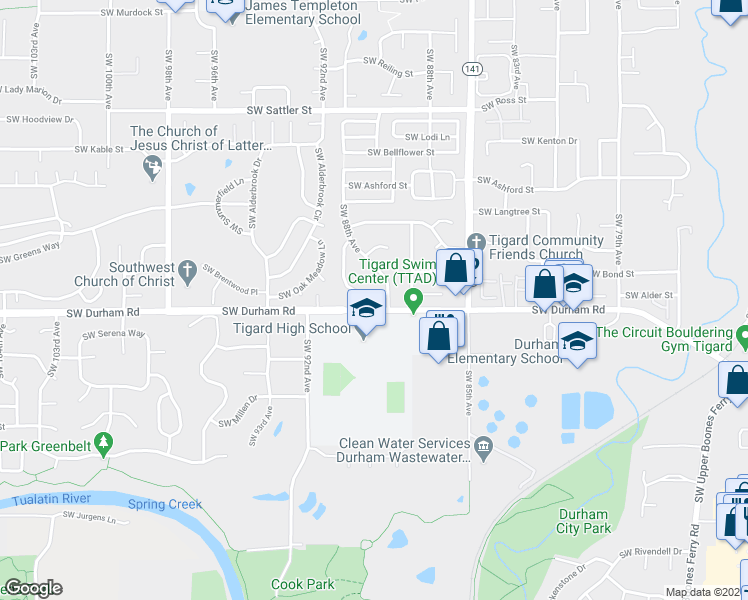 map of restaurants, bars, coffee shops, grocery stores, and more near 15900 Southwest Stratford Loop in Tigard