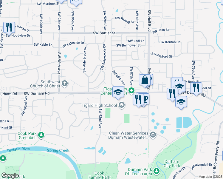 map of restaurants, bars, coffee shops, grocery stores, and more near 15850 Southwest Oak Meadow Lane in Tigard