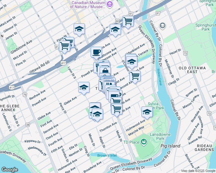 map of restaurants, bars, coffee shops, grocery stores, and more near in Ottawa