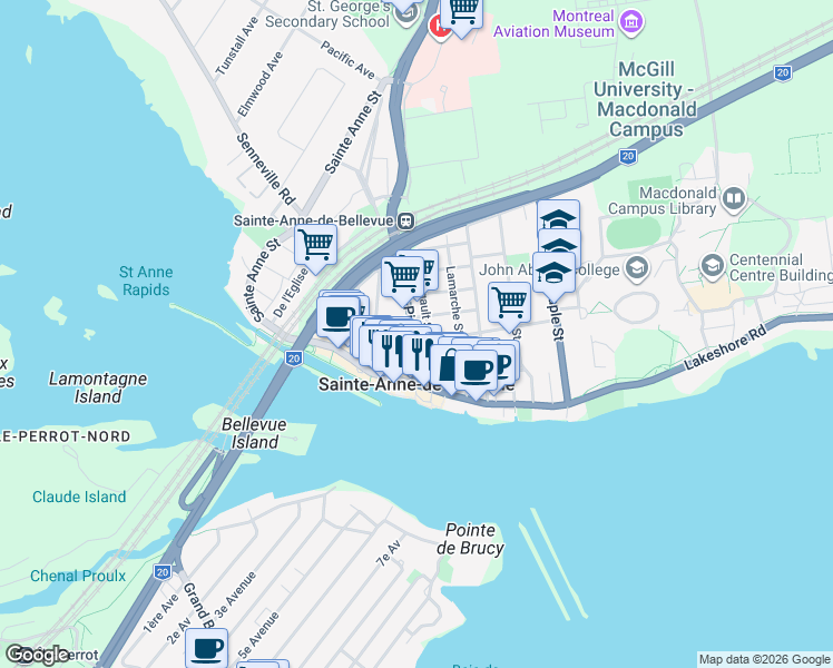 map of restaurants, bars, coffee shops, grocery stores, and more near 19 Rue Saint-Pierre in Sainte-Anne-de-Bellevue