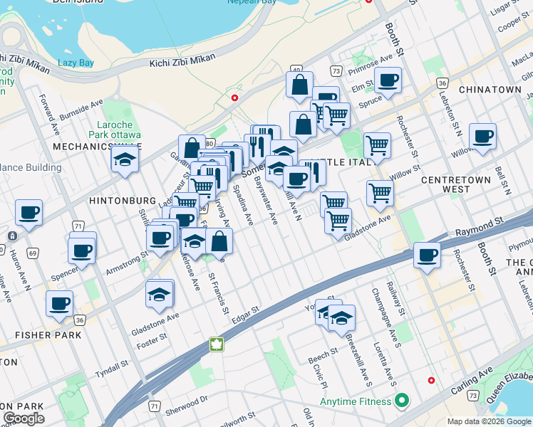 map of restaurants, bars, coffee shops, grocery stores, and more near 86 Bayswater Avenue in Ottawa