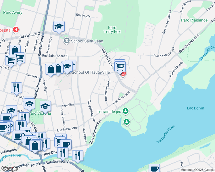 map of restaurants, bars, coffee shops, grocery stores, and more near 175 Rue Delaney in Granby