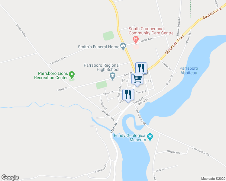 map of restaurants, bars, coffee shops, grocery stores, and more near 121 Queen Street in Parrsboro