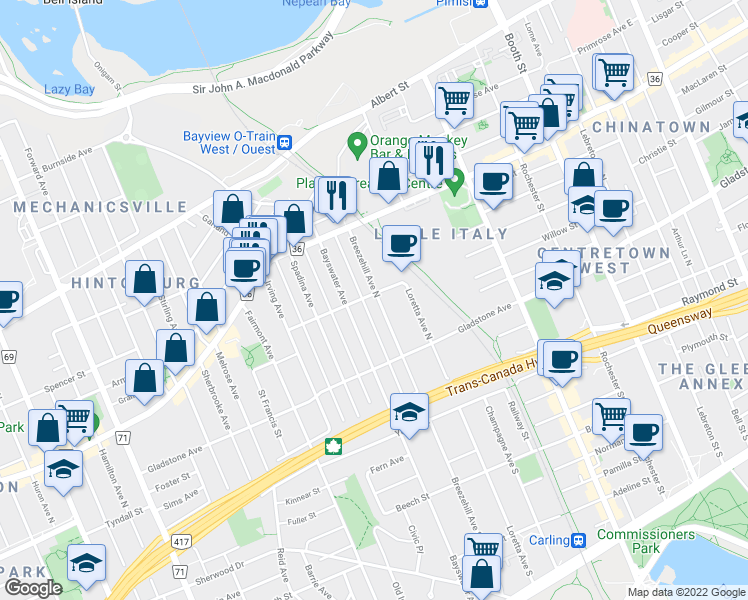 map of restaurants, bars, coffee shops, grocery stores, and more near 42 Laurel Street in Ottawa