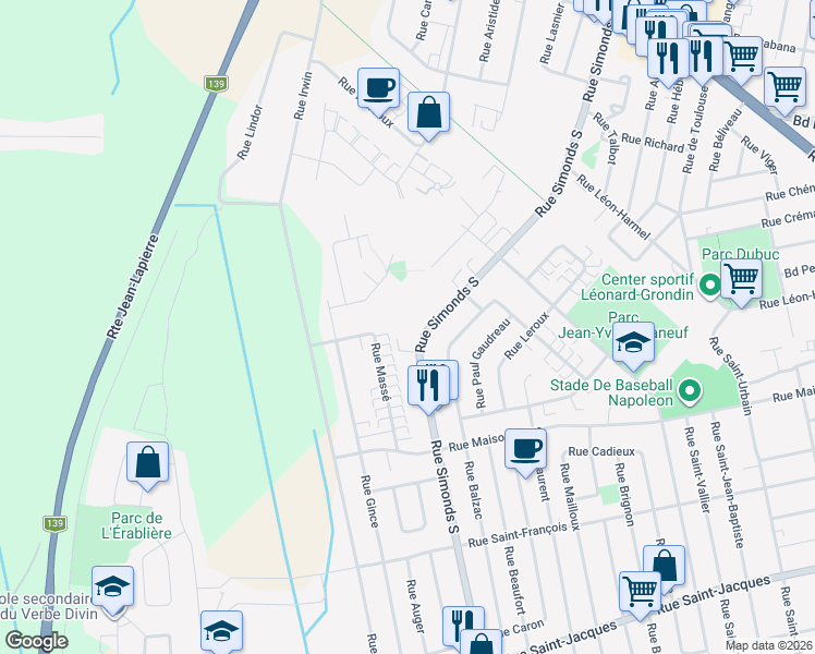 map of restaurants, bars, coffee shops, grocery stores, and more near 324 Rue Simonds Sud in Granby