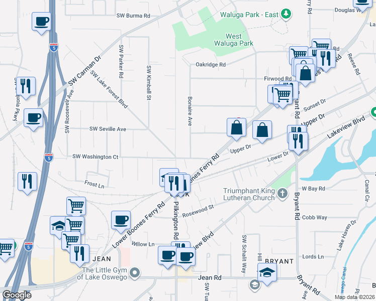 map of restaurants, bars, coffee shops, grocery stores, and more near 16723 Bonaire Avenue in Lake Oswego