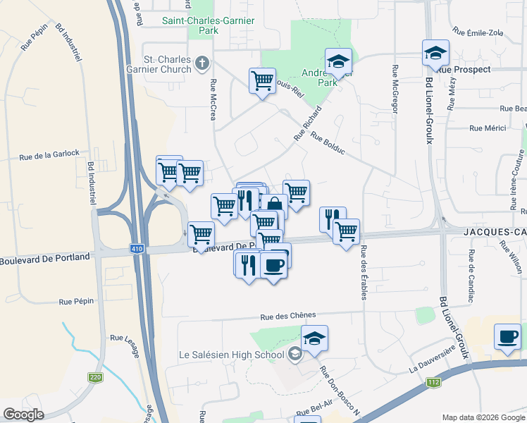 map of restaurants, bars, coffee shops, grocery stores, and more near 416 Rue McCrea in Sherbrooke