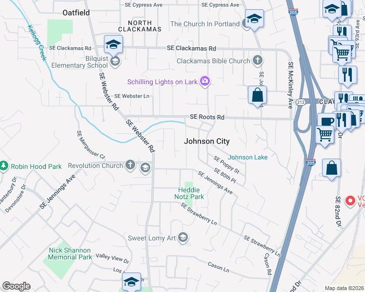 map of restaurants, bars, coffee shops, grocery stores, and more near 16232 Southeast Lillian Court in Milwaukie
