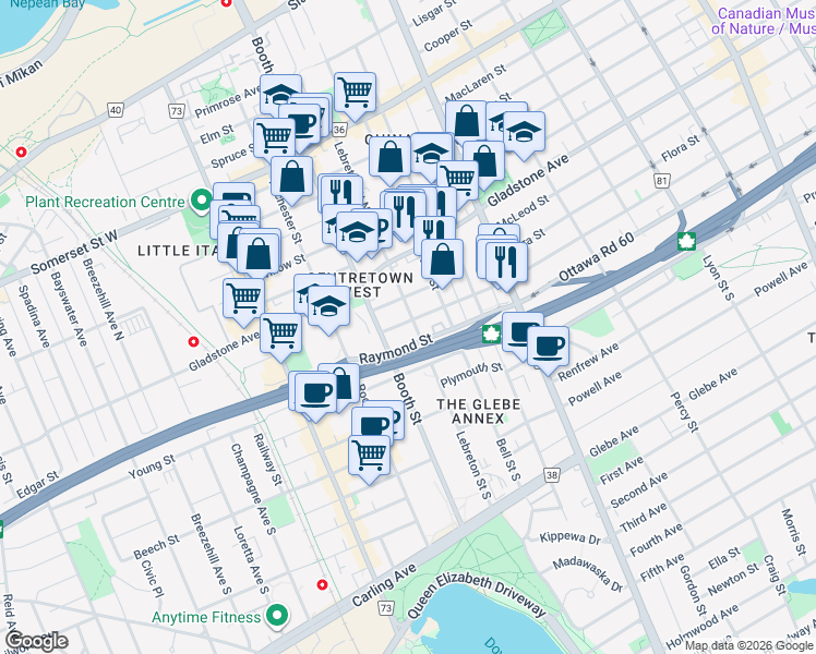 map of restaurants, bars, coffee shops, grocery stores, and more near in Ottawa