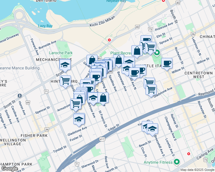 map of restaurants, bars, coffee shops, grocery stores, and more near 36 Spadina Avenue in Ottawa