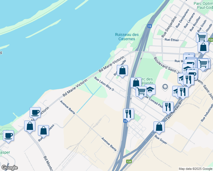 map of restaurants, bars, coffee shops, grocery stores, and more near 200 Rue Léon Bloy Ouest in La Prairie