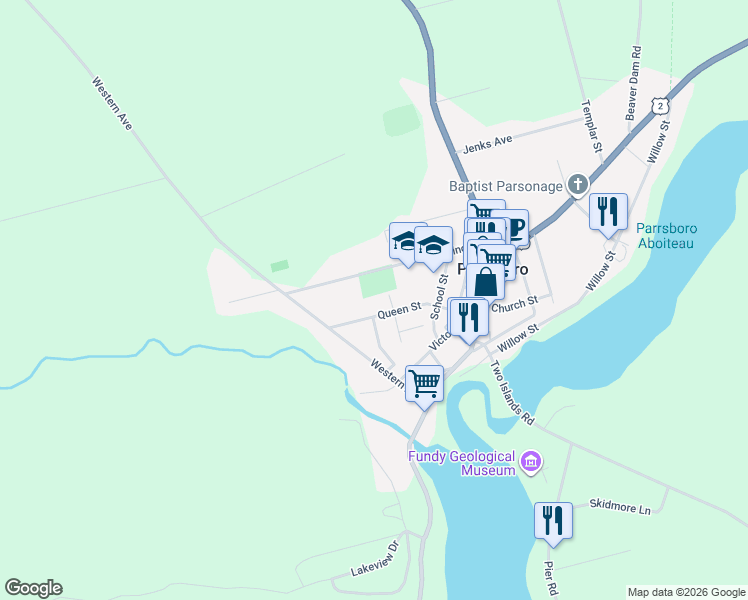 map of restaurants, bars, coffee shops, grocery stores, and more near 65 Queen Street in Parrsboro