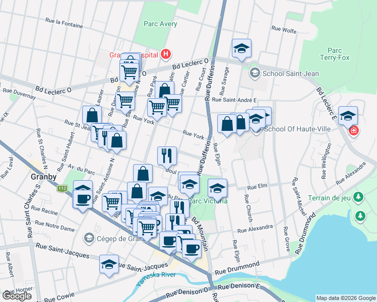 map of restaurants, bars, coffee shops, grocery stores, and more near 175 Rue Sherbrooke in Granby