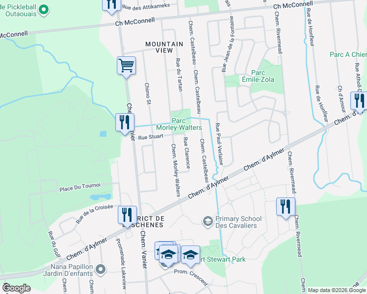 map of restaurants, bars, coffee shops, grocery stores, and more near 73 Rue Clarence in Gatineau