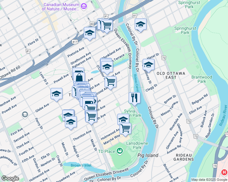 map of restaurants, bars, coffee shops, grocery stores, and more near 39 Third Avenue in Ottawa