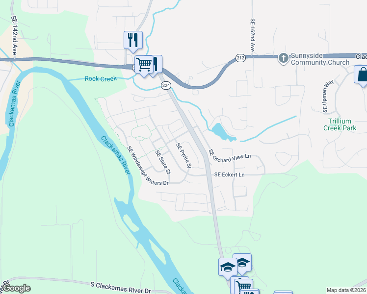 map of restaurants, bars, coffee shops, grocery stores, and more near 16259 Southeast Pyrite Street in Damascus