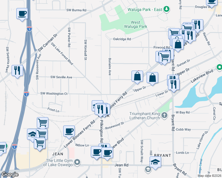 map of restaurants, bars, coffee shops, grocery stores, and more near 16723 Bonaire Avenue in Lake Oswego