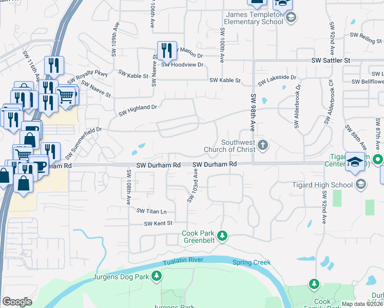 map of restaurants, bars, coffee shops, grocery stores, and more near 10255 Southwest Century Oak Drive in Tigard