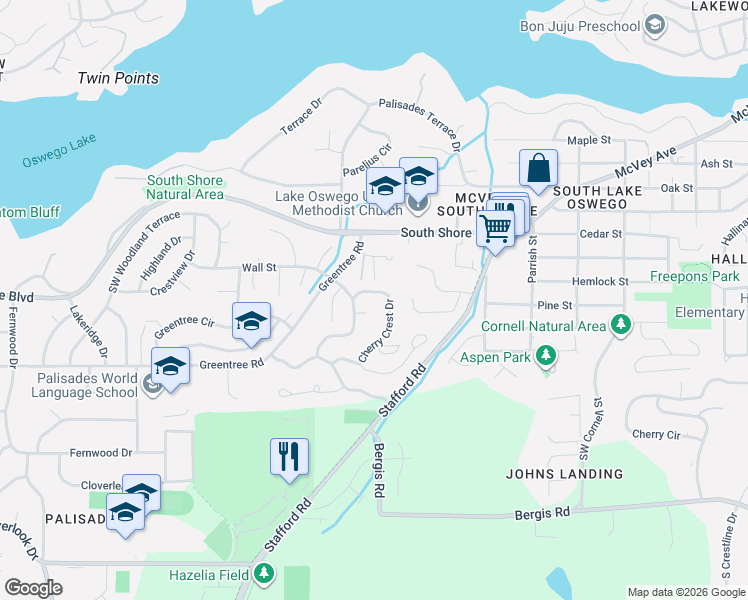 map of restaurants, bars, coffee shops, grocery stores, and more near 1412 Cherry Crest Drive in Lake Oswego