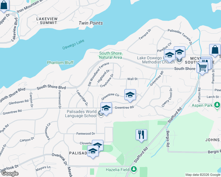 map of restaurants, bars, coffee shops, grocery stores, and more near 17131 Hofer Court in Lake Oswego