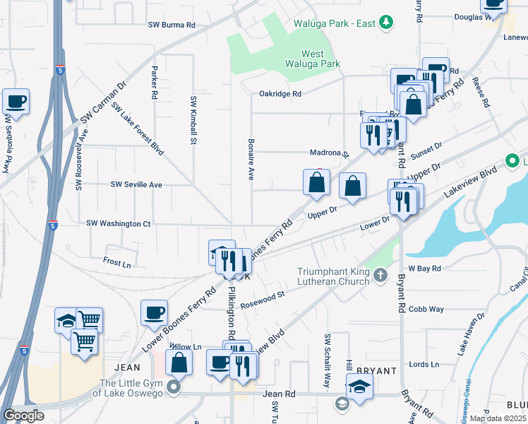 map of restaurants, bars, coffee shops, grocery stores, and more near 5337 Southwest Washington Court in Lake Oswego