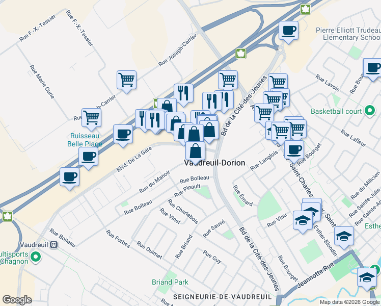 map of restaurants, bars, coffee shops, grocery stores, and more near 2570 Rue du Manoir in Vaudreuil-Dorion