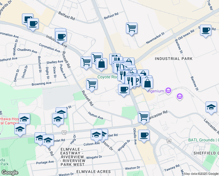 map of restaurants, bars, coffee shops, grocery stores, and more near in Ottawa