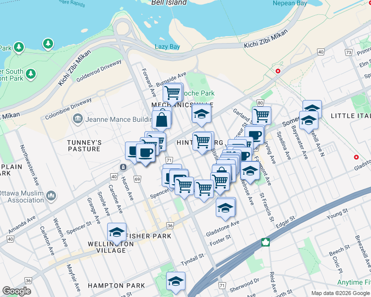 map of restaurants, bars, coffee shops, grocery stores, and more near in Ottawa