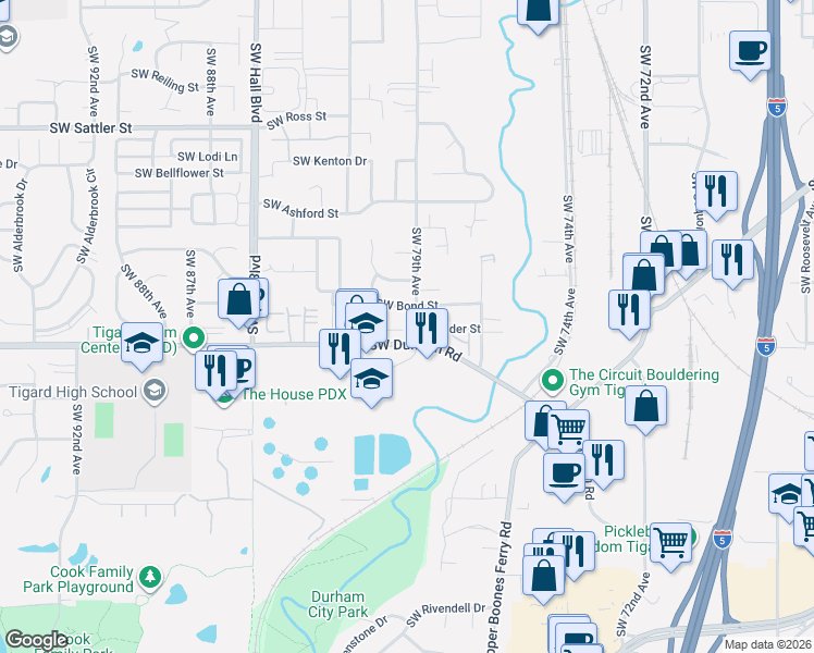 map of restaurants, bars, coffee shops, grocery stores, and more near 7937 Southwest Carol Ann Court in Tigard
