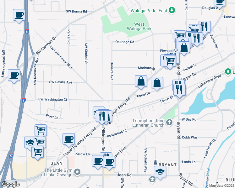 map of restaurants, bars, coffee shops, grocery stores, and more near 5337 Southwest Washington Court in Lake Oswego